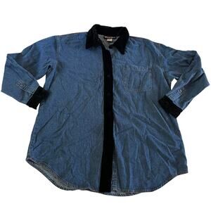 Vtg Y2K 2000s Velvet Trim Denim Shirt Wmns Sz M Chore Coat Barn Coat